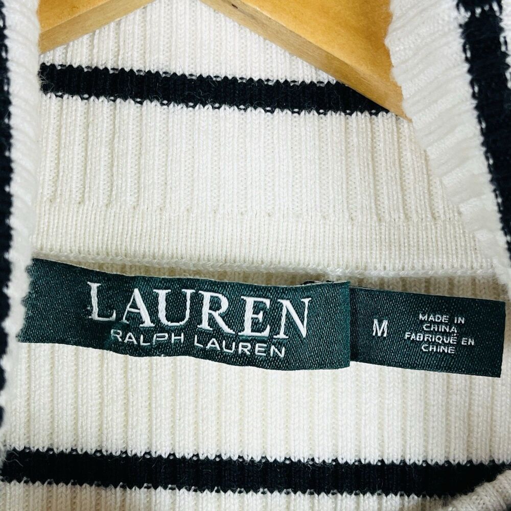 Lauren Ralph Lauren Women’s M Ivory Black Striped Ribbed Turtleneck Sweater - Picture 3 of 12